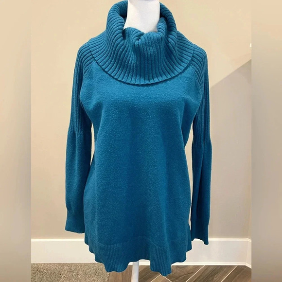 ✨Time and Tru Women's Cowl Neck Tunic Sweater LG 12/14 Teal knit - Picture 1 of 11